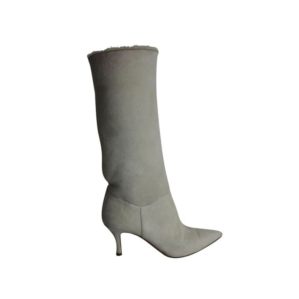 Amina Muaddi Ida Boots in Cream Suede